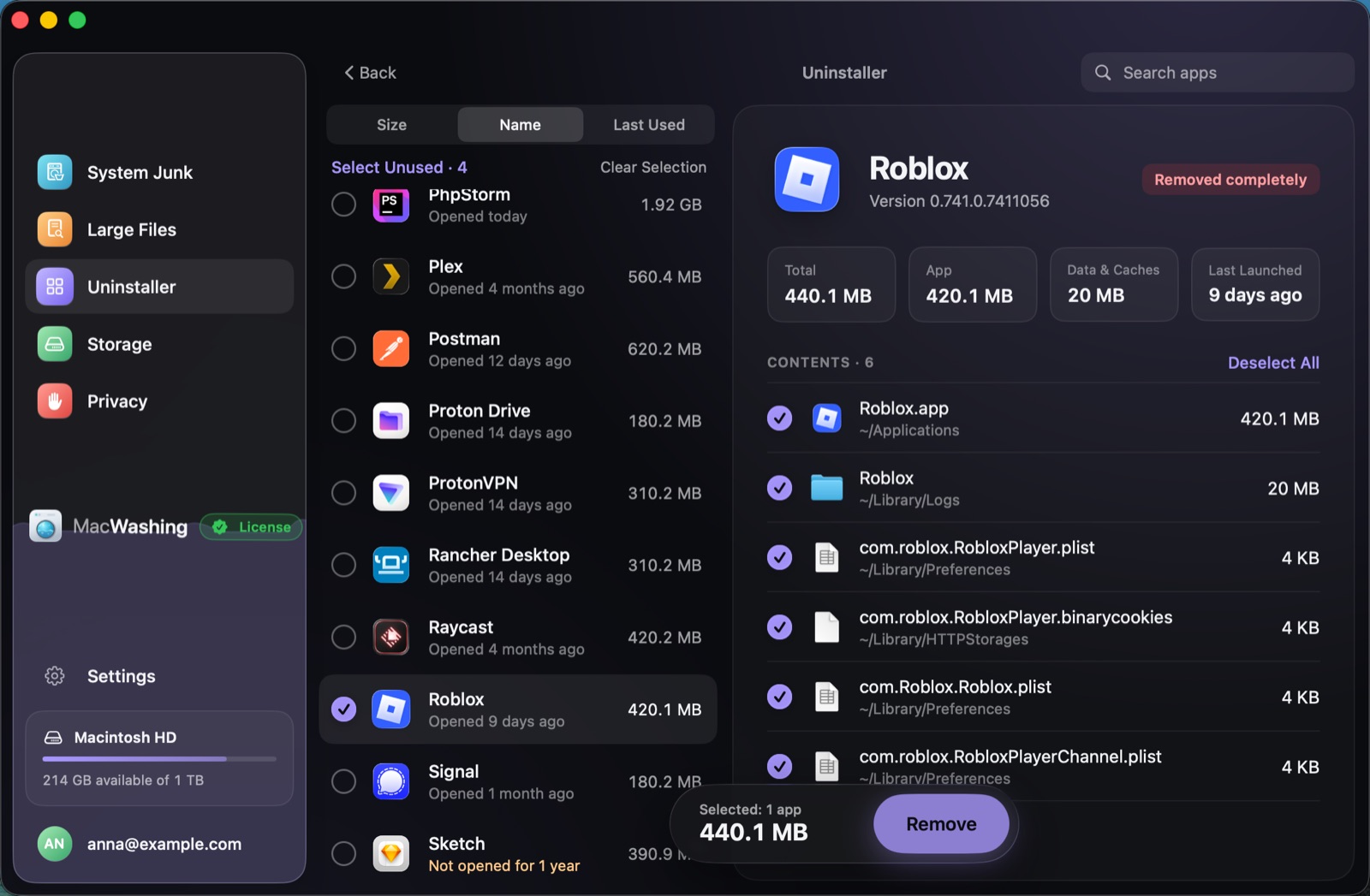 Uninstaller: a list of apps sorted by size with when each was last opened, Google Chrome selected with its app and cache sizes