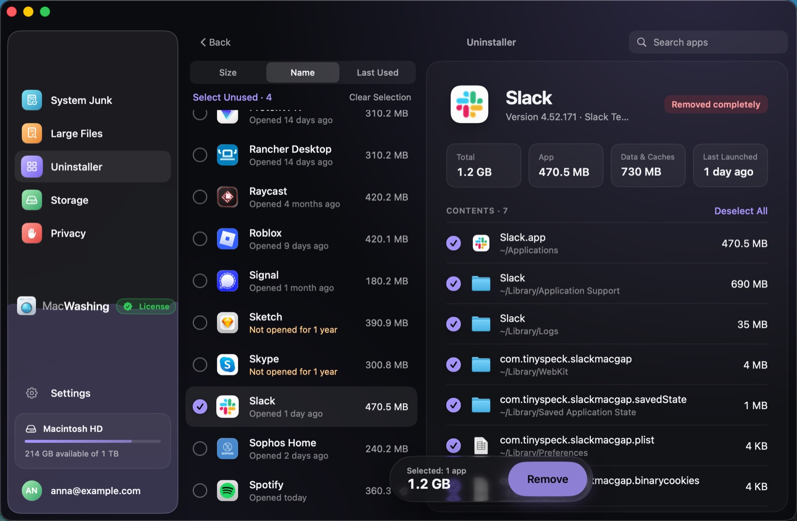 Uninstaller: a list of apps sorted by size with when each was last opened, Google Chrome selected with its app and cache sizes