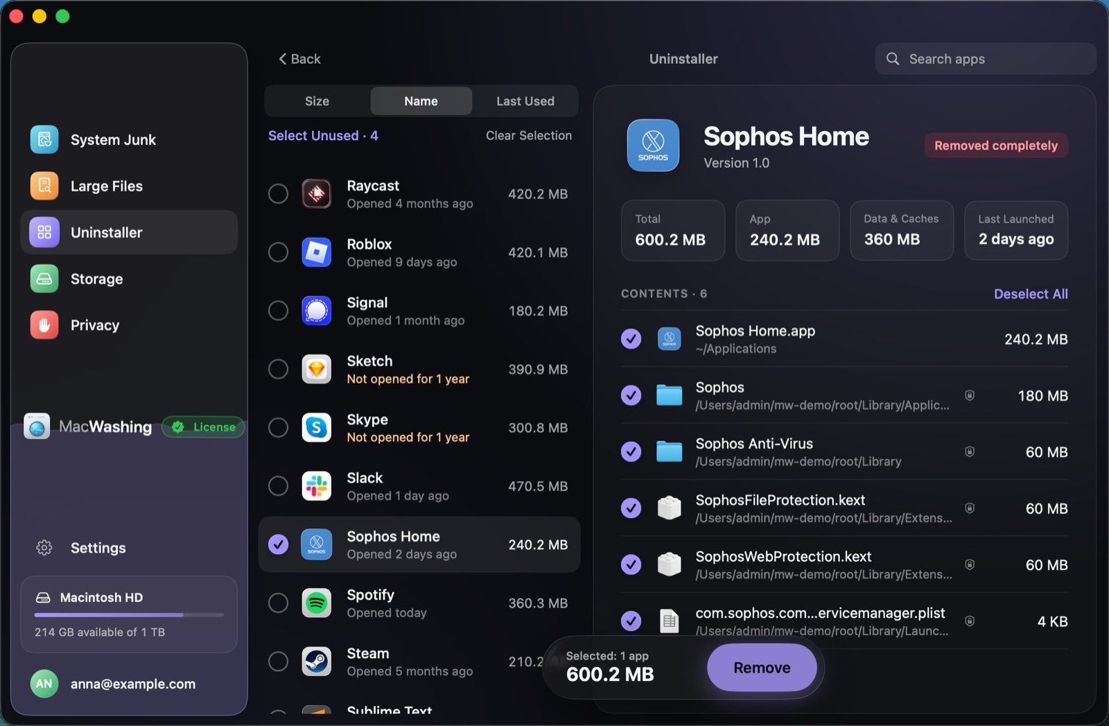 Uninstaller: a list of apps sorted by size with when each was last opened, Google Chrome selected with its app and cache sizes