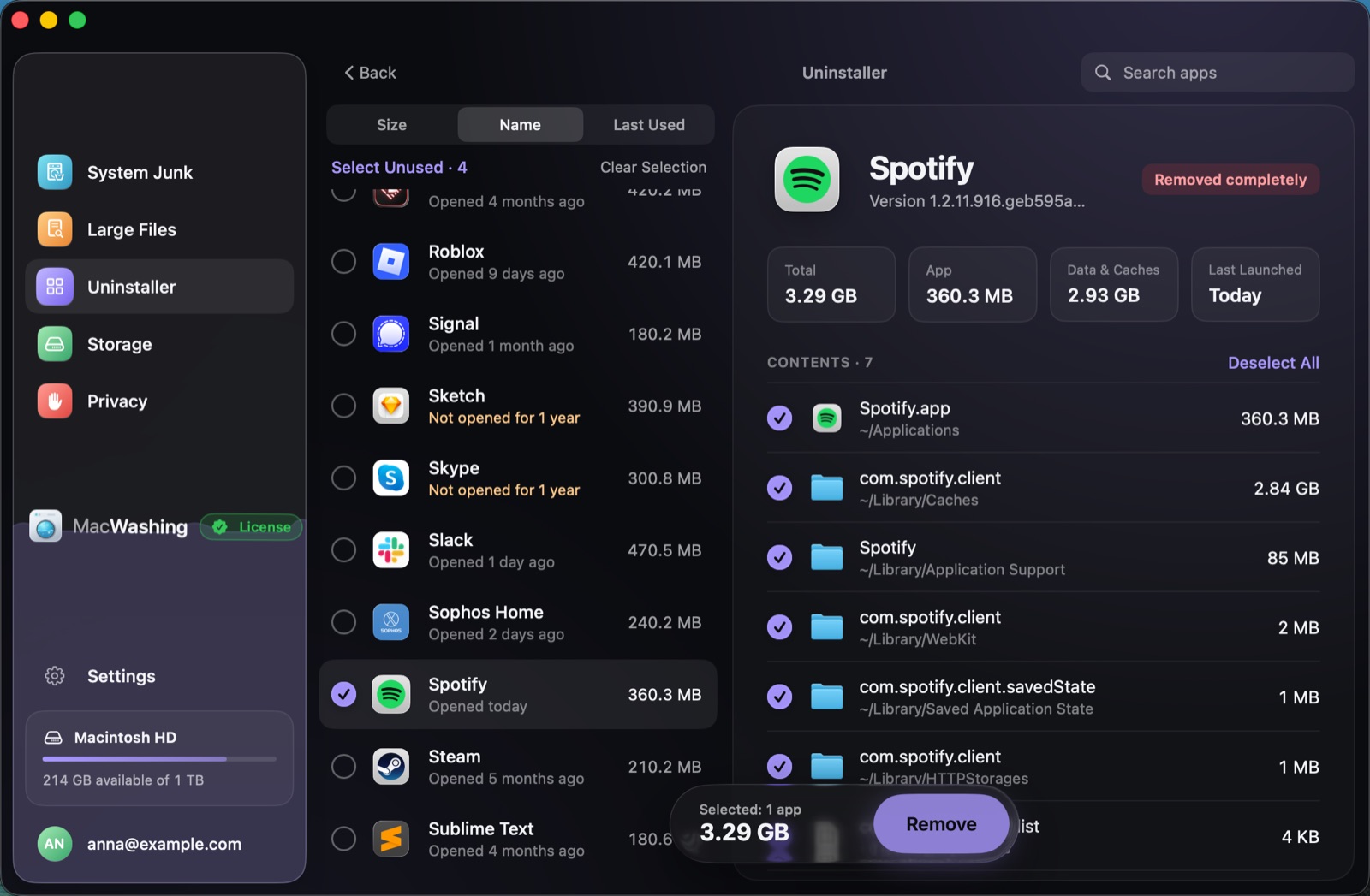 Uninstaller: a list of apps sorted by size with when each was last opened, Google Chrome selected with its app and cache sizes