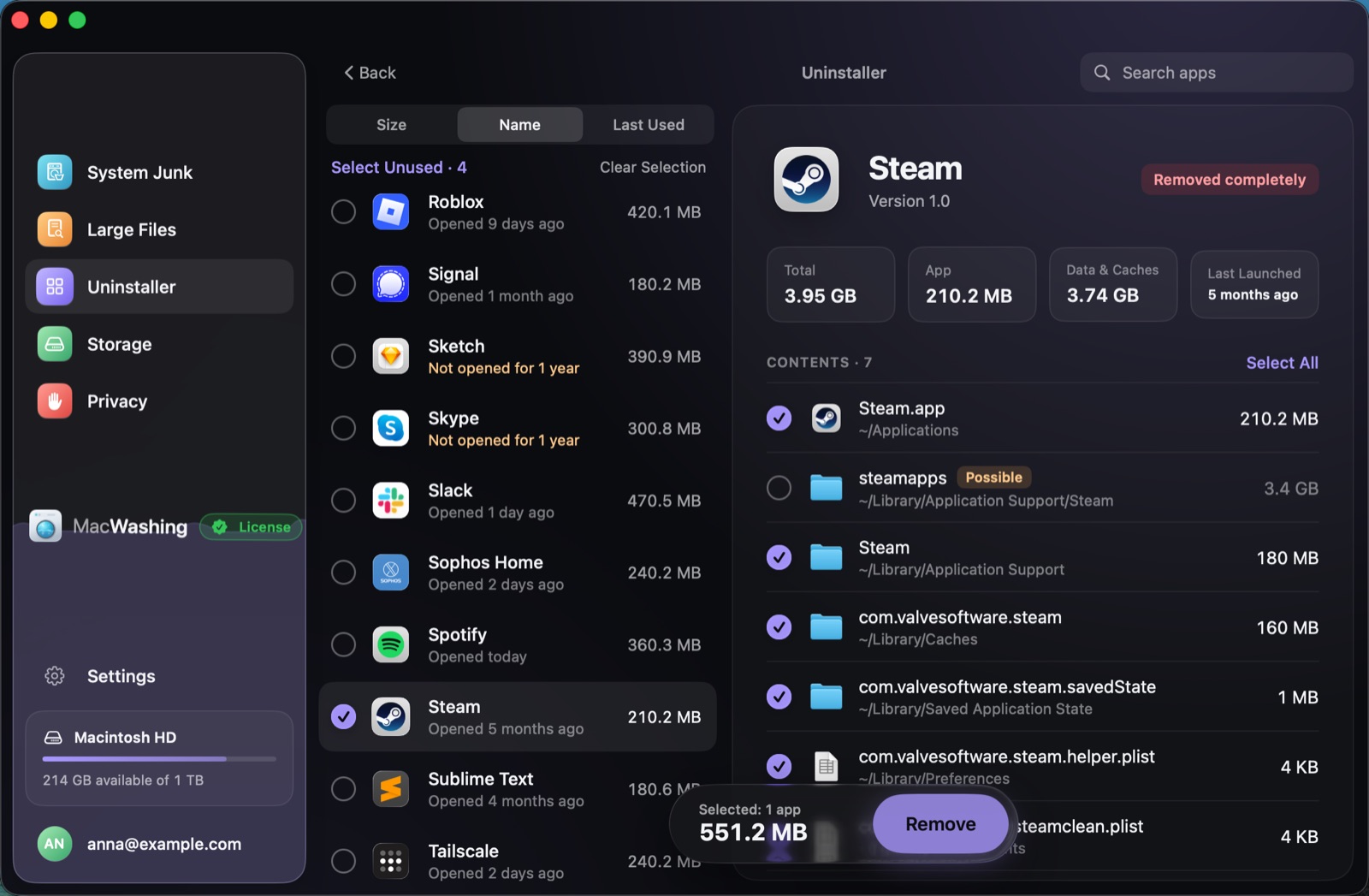 Uninstaller: a list of apps sorted by size with when each was last opened, Google Chrome selected with its app and cache sizes