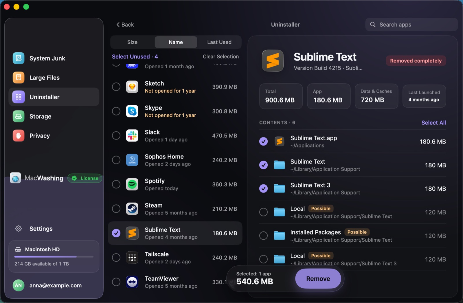 Uninstaller: a list of apps sorted by size with when each was last opened, Google Chrome selected with its app and cache sizes