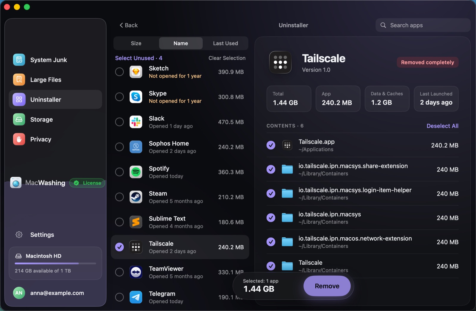 Uninstaller: a list of apps sorted by size with when each was last opened, Google Chrome selected with its app and cache sizes