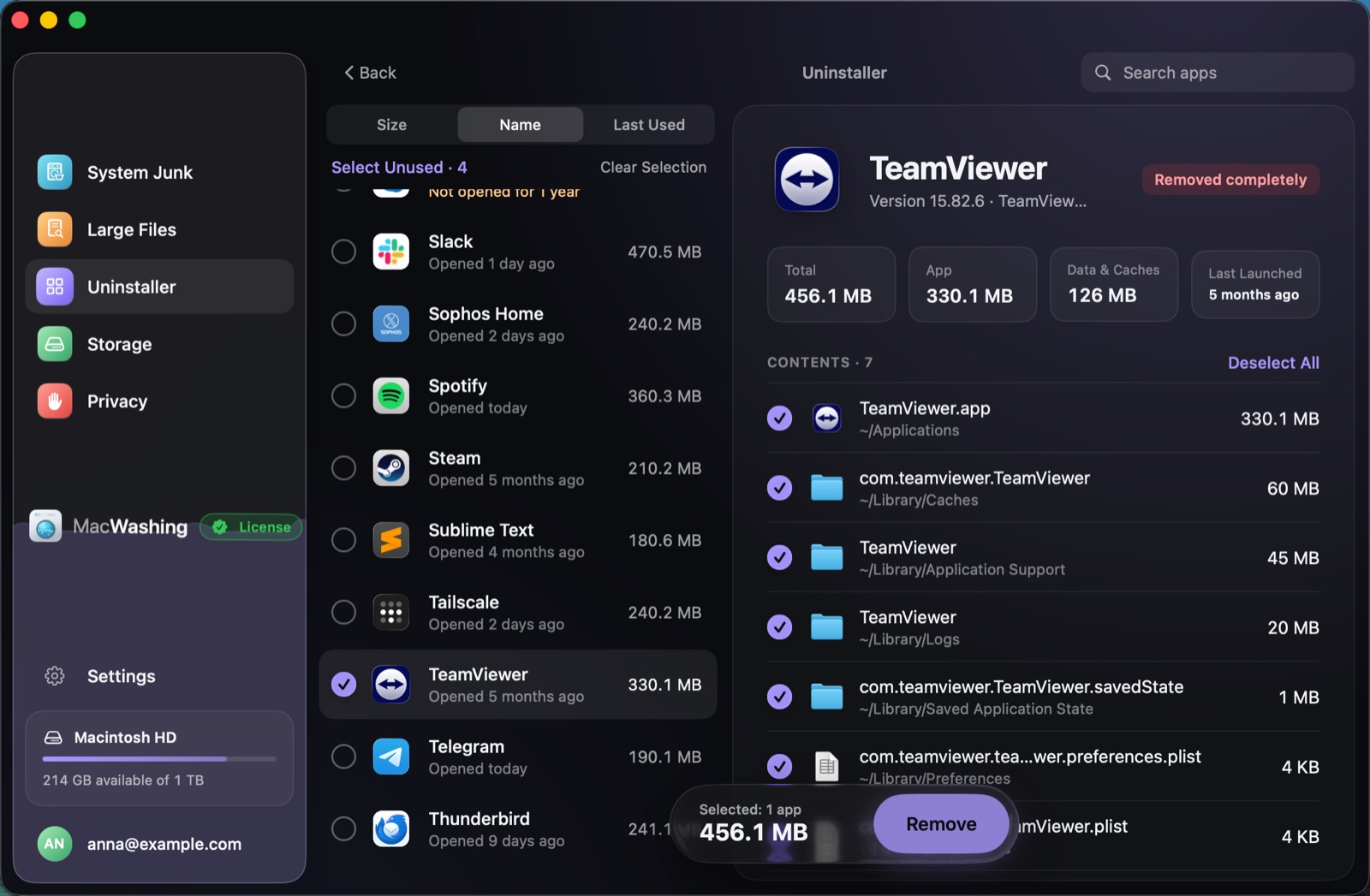 Uninstaller: a list of apps sorted by size with when each was last opened, Google Chrome selected with its app and cache sizes