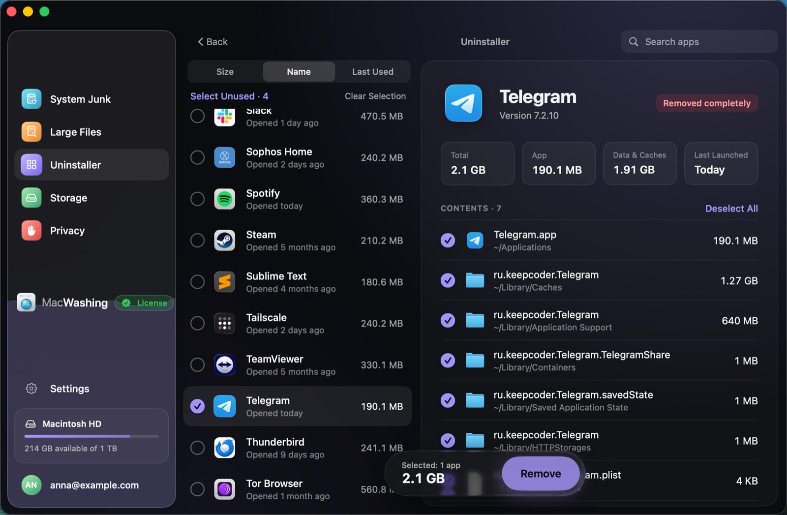 Uninstaller: a list of apps sorted by size with when each was last opened, Google Chrome selected with its app and cache sizes