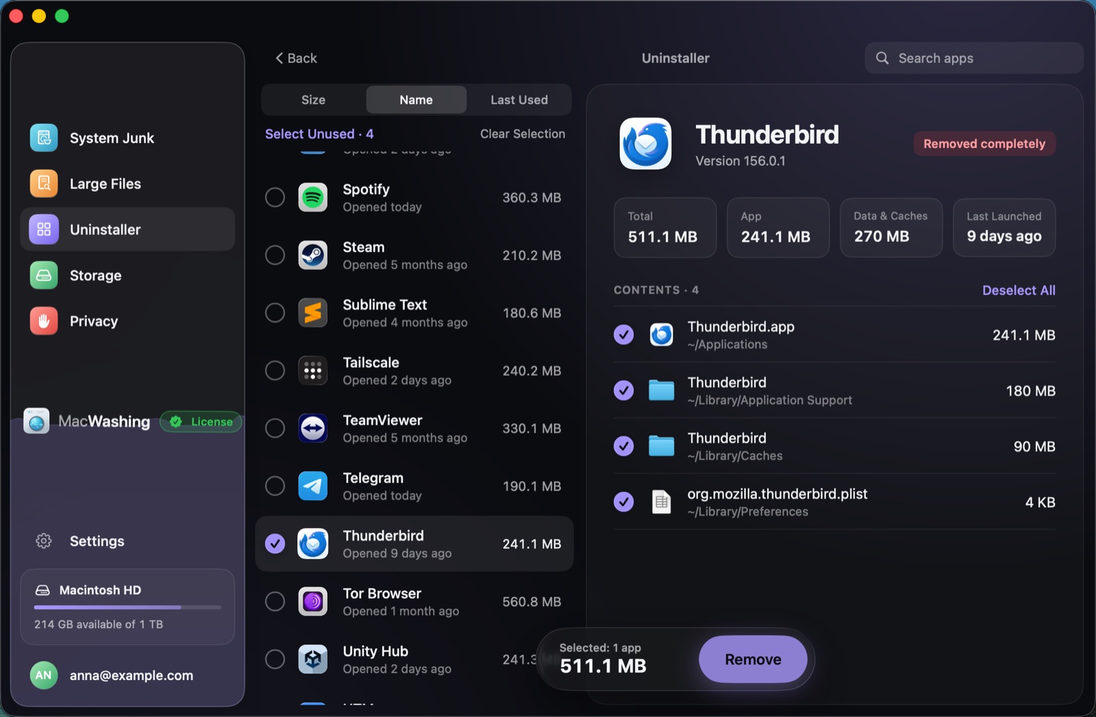 Uninstaller: a list of apps sorted by size with when each was last opened, Google Chrome selected with its app and cache sizes
