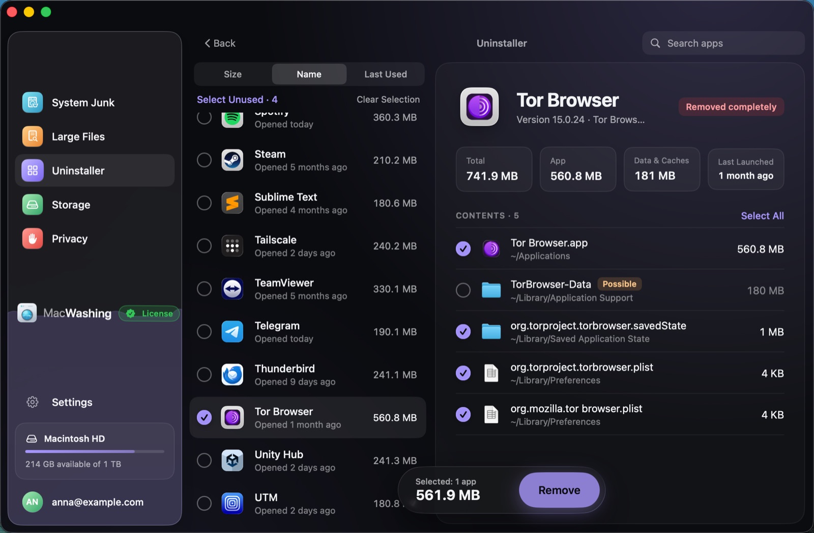 Uninstaller: a list of apps sorted by size with when each was last opened, Google Chrome selected with its app and cache sizes