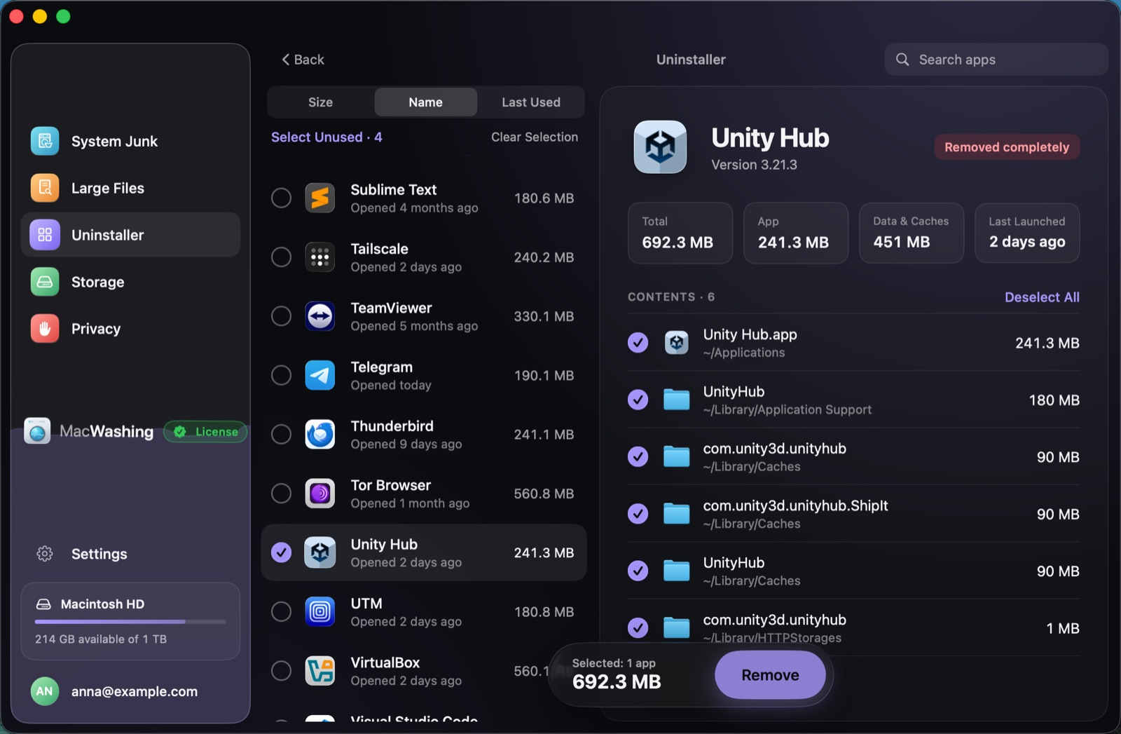 Uninstaller: a list of apps sorted by size with when each was last opened, Google Chrome selected with its app and cache sizes