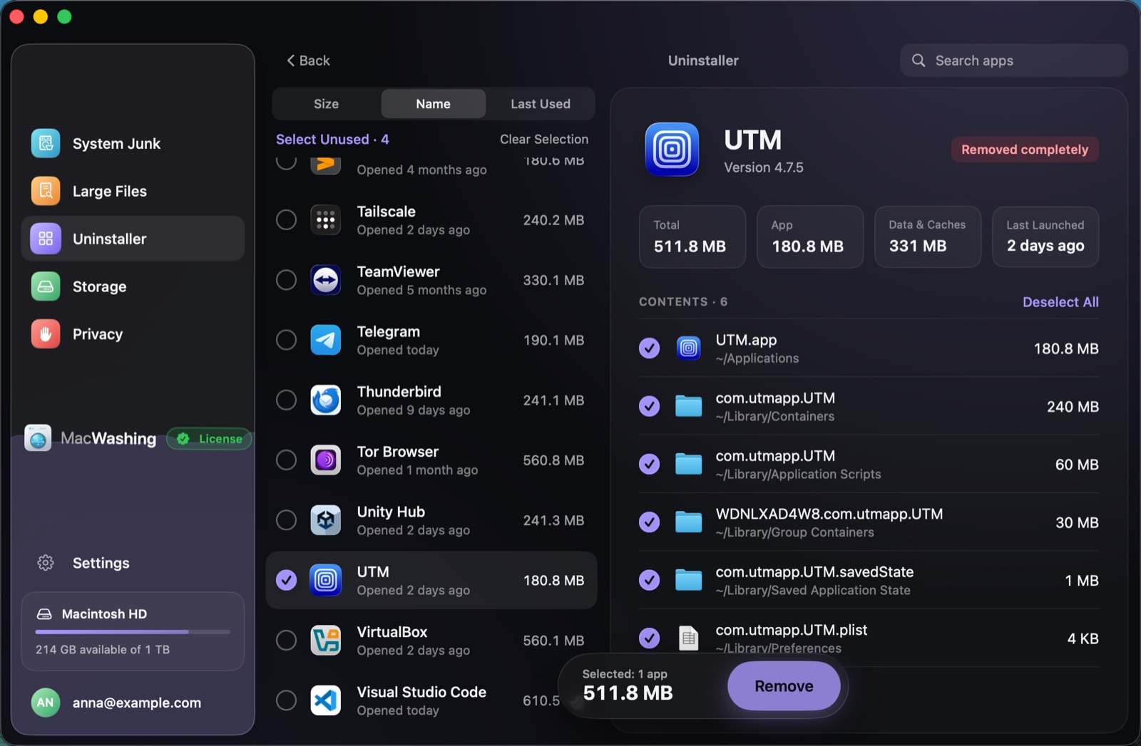 Uninstaller: a list of apps sorted by size with when each was last opened, Google Chrome selected with its app and cache sizes