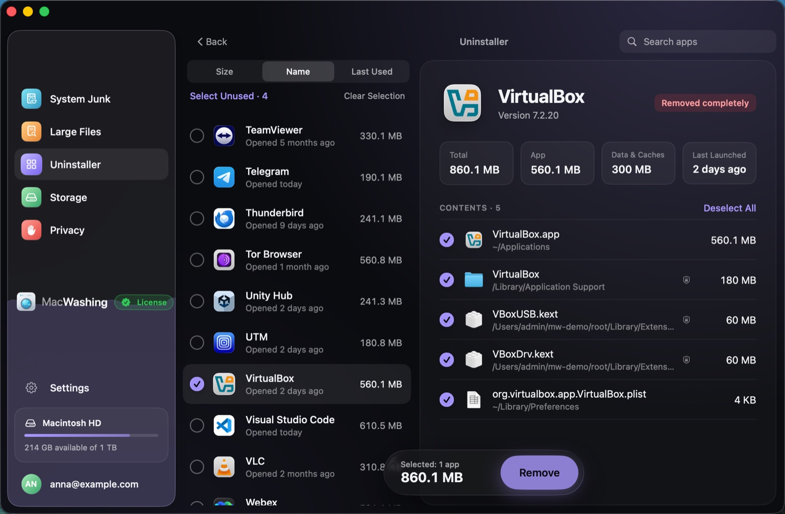 Uninstaller: a list of apps sorted by size with when each was last opened, Google Chrome selected with its app and cache sizes