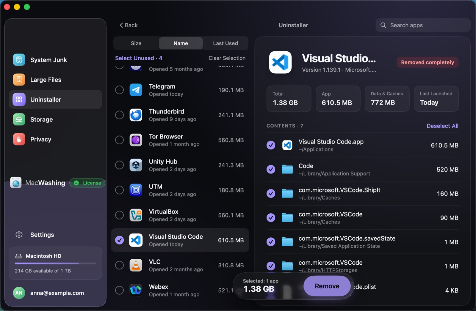 Uninstaller: a list of apps sorted by size with when each was last opened, Google Chrome selected with its app and cache sizes