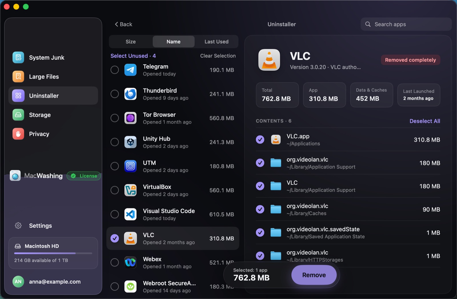 Uninstaller: a list of apps sorted by size with when each was last opened, Google Chrome selected with its app and cache sizes