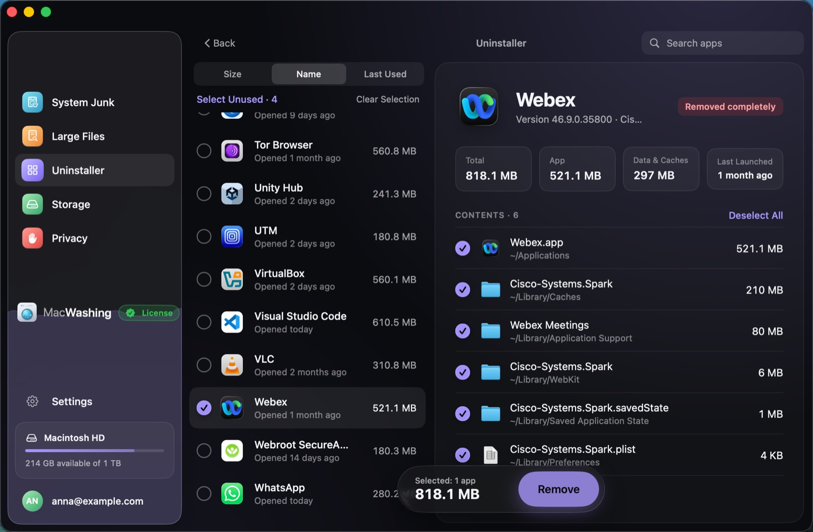 Uninstaller: a list of apps sorted by size with when each was last opened, Google Chrome selected with its app and cache sizes