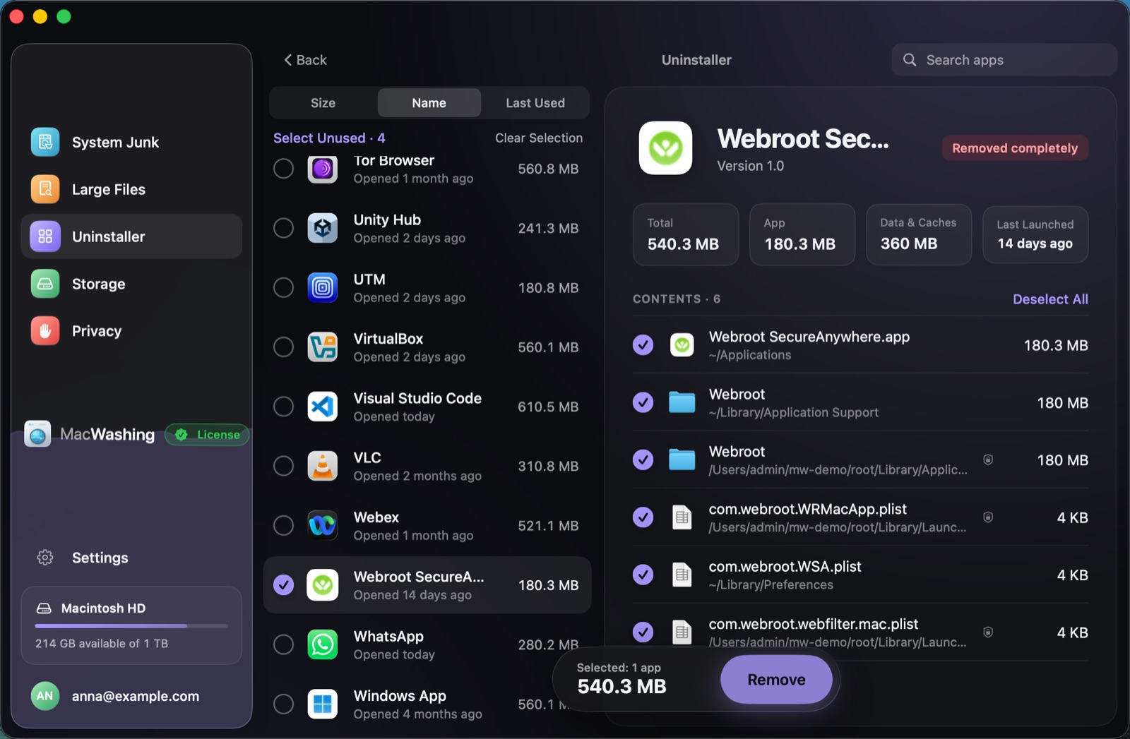 Uninstaller: a list of apps sorted by size with when each was last opened, Google Chrome selected with its app and cache sizes