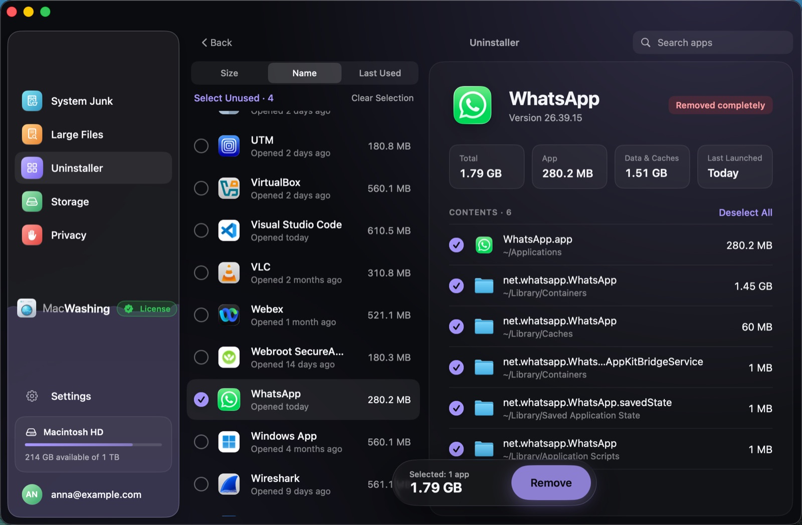 Uninstaller: a list of apps sorted by size with when each was last opened, Google Chrome selected with its app and cache sizes