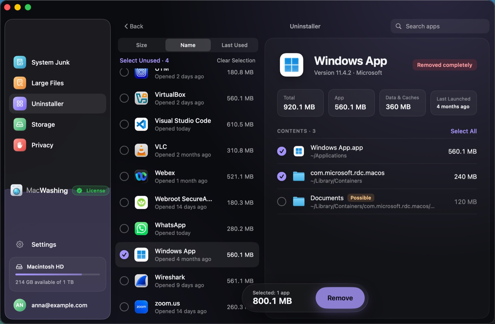 Uninstaller: a list of apps sorted by size with when each was last opened, Google Chrome selected with its app and cache sizes