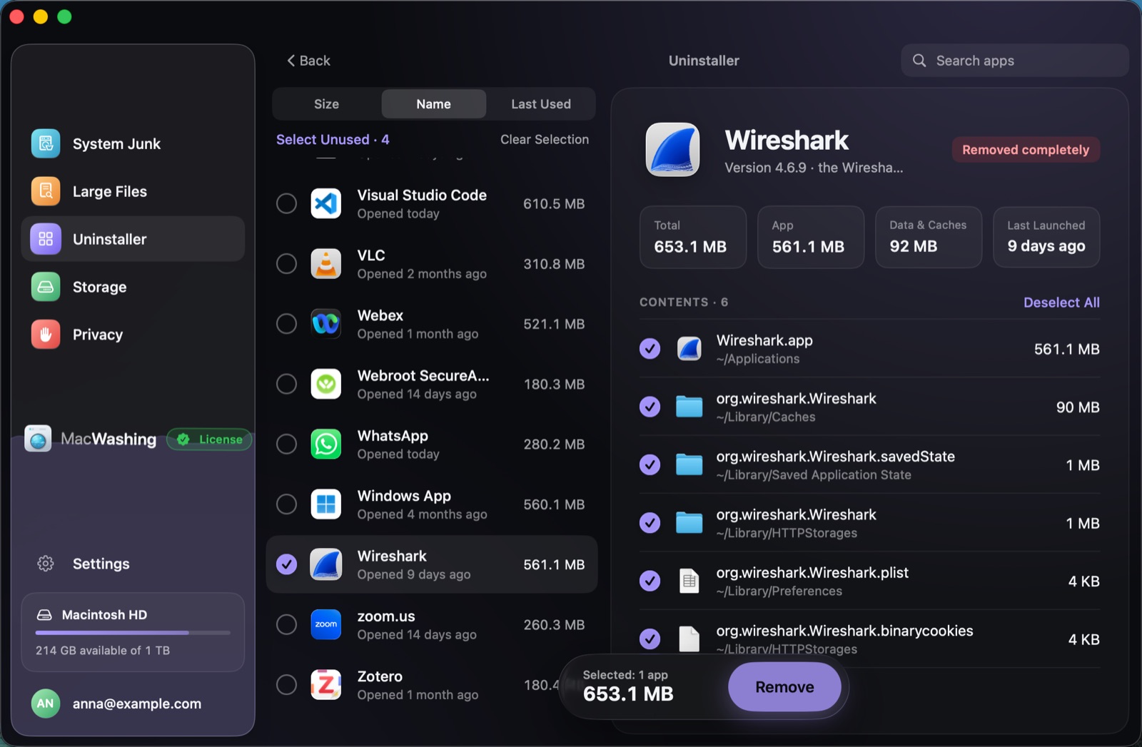 Uninstaller: a list of apps sorted by size with when each was last opened, Google Chrome selected with its app and cache sizes