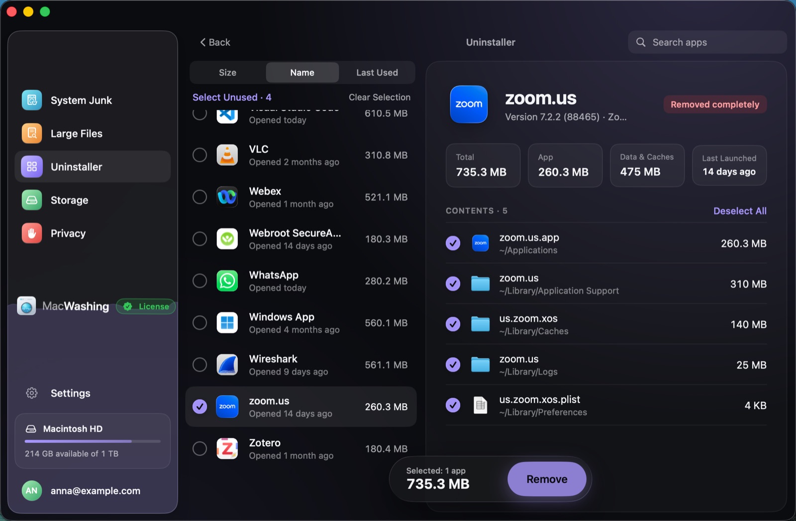 Uninstaller: a list of apps sorted by size with when each was last opened, Google Chrome selected with its app and cache sizes