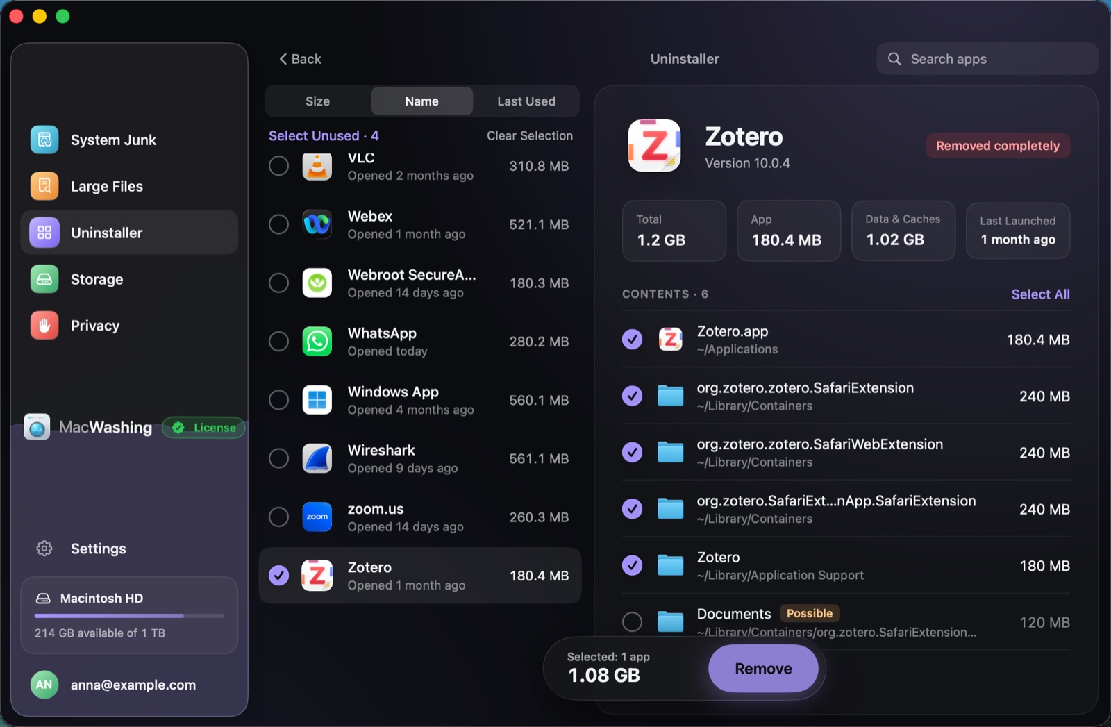 Uninstaller: a list of apps sorted by size with when each was last opened, Google Chrome selected with its app and cache sizes