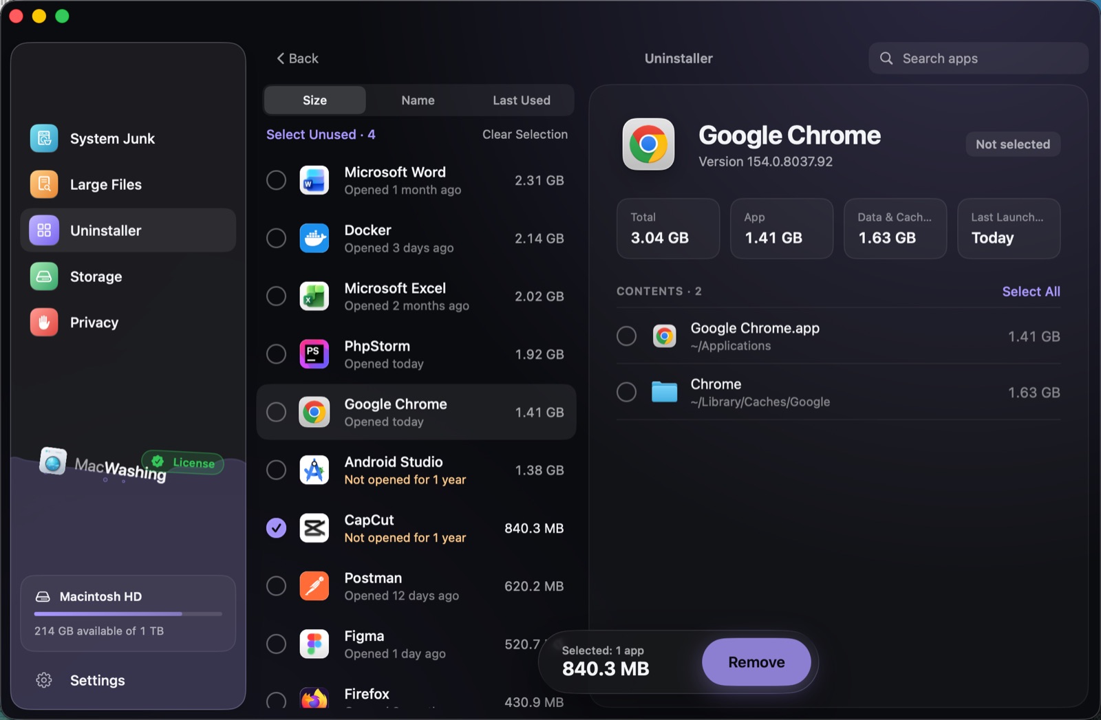 Uninstaller: a list of apps sorted by size with when each was last opened, Google Chrome selected with its app and cache sizes